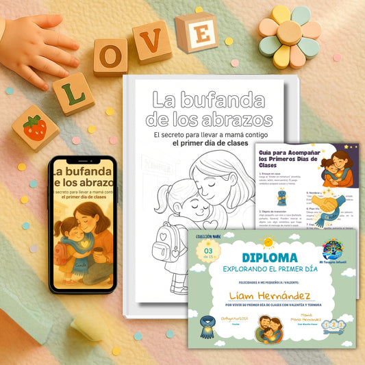 Cuento Digital Completo: La Bufanda de los Abrazos: El secreto para llevar a mamá contigo el primer día de clases (PDF) - Lee, ríe, colorea y aprende con Bufi